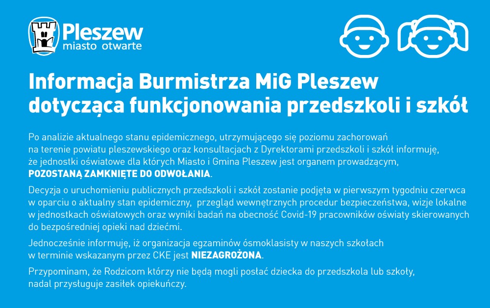 Informacja Burmistrza MiG Pleszew dotycząca funkcjonowania przedszkoli i szkół
